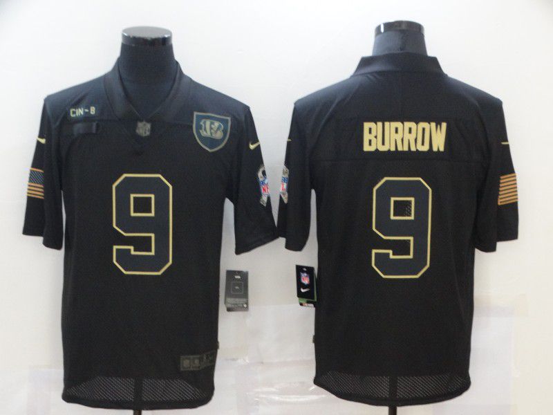 Men Cincinnati Bengals #9 Burrow Black gold lettering 2020 Nike NFL Jersey